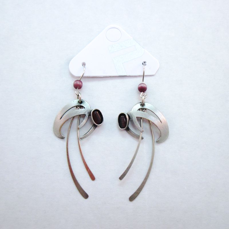 Brushed Silver Dangles with Plum Cat's Eye Earrings - Click Image to Close